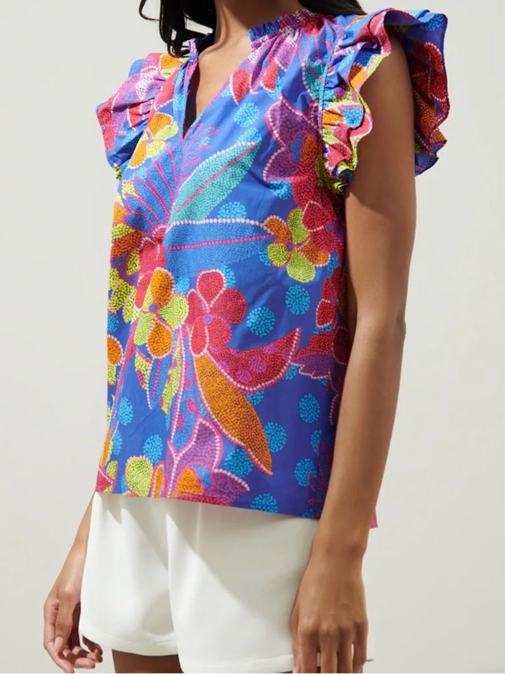 SugarLips Amazonia Ruffle Sleeve Top Blue Split Neck Womens M Poplin Cotton